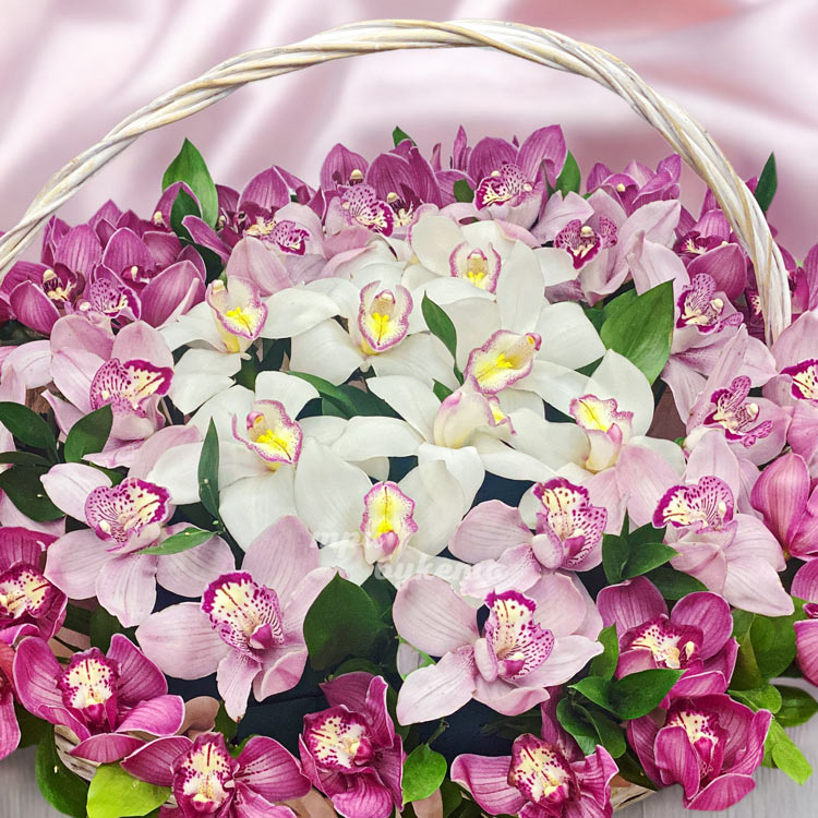 Большая корзина с орхидеями и рускусом (крупный план)